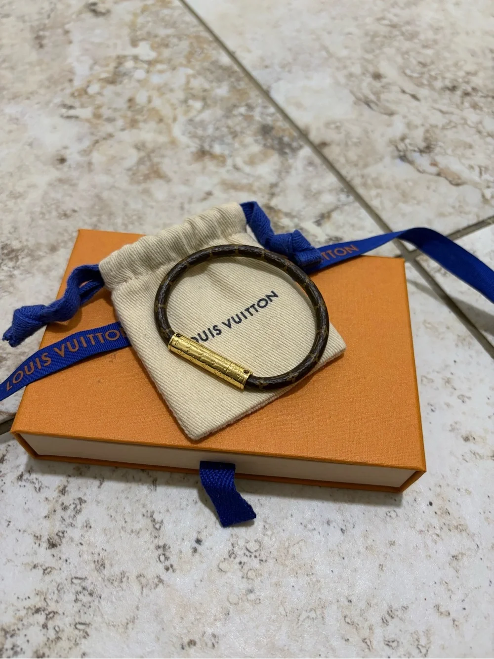 Louis Vuitton Monogram Bracelet with Gold-Tone Tube Clasp Authentic 100%
